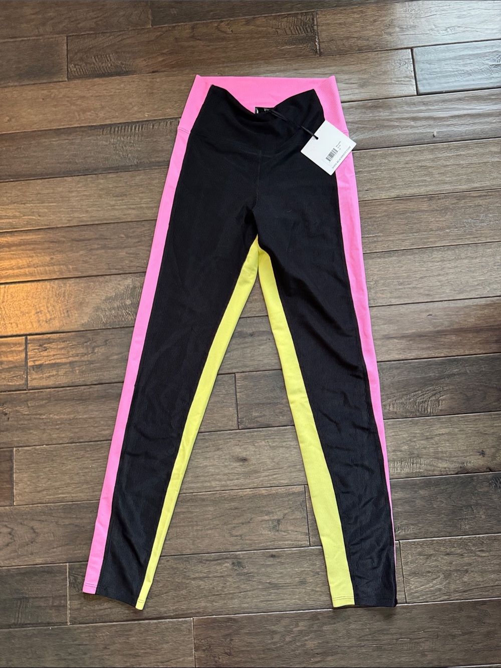 Beach Riot Black Leggings with Pink Waistband & Yellow Inner Panels